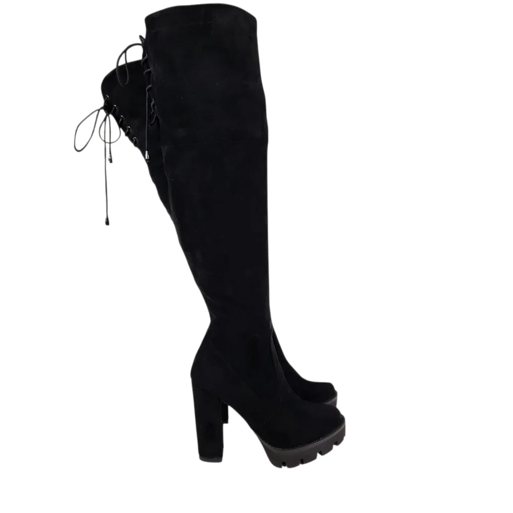 Isnom Black Suede Leather Chunky Lug Sole Over The Knee Tall Boot Women Size 9.5